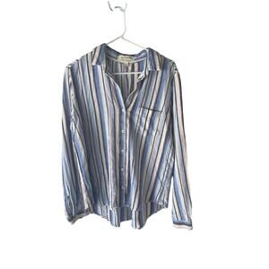 Cloth & Stone M White Blue Linen Viscose Stripe Button Shirt Coastal Cowgirl‎